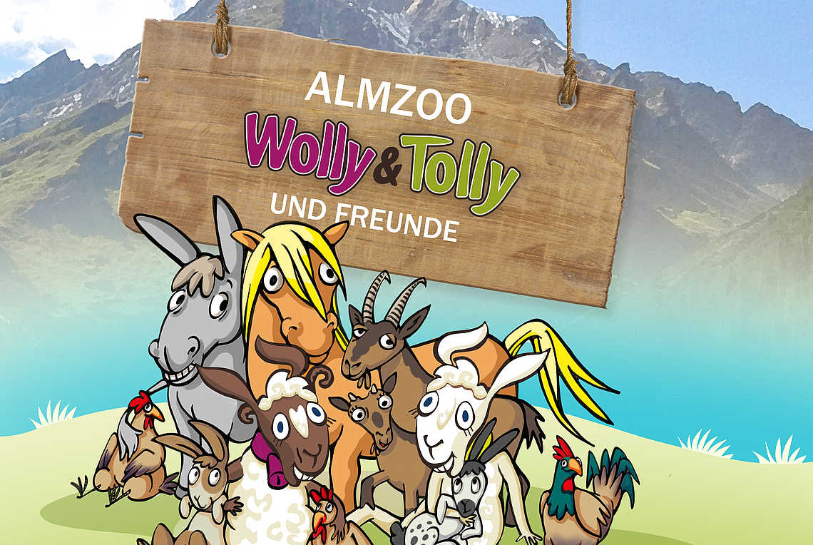 Bunte Comic Tiere auf Wiese in den Alpen