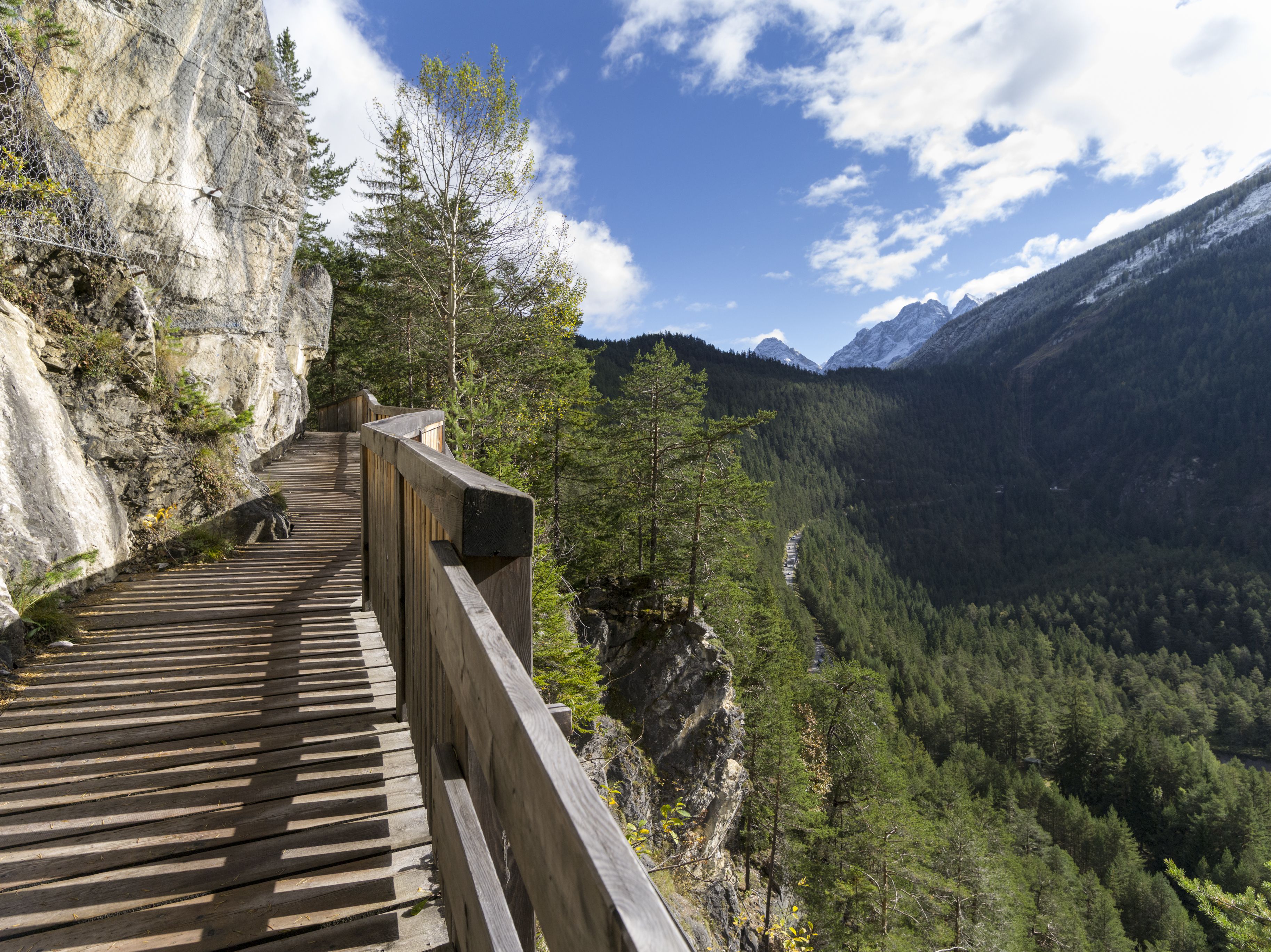 Holzweg mit Panoramablick auf Berge und Wälder 