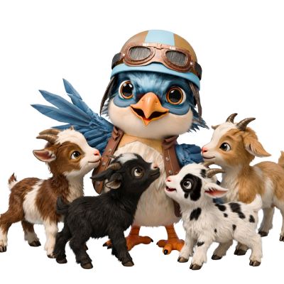 Eine cartoonhafte Darstellung eines bunten Vogels mit Pilotenkapitänsbinde, umgeben von vier neugierigen Ziegen in verschiedenen Farben. Freundliche Szene.
