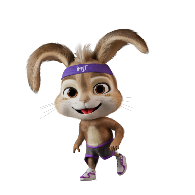 Ein niedlicher, animierter Hase mit großen Ohren und einem breiten Lächeln trägt ein lila Sportband und eine sportliche Shorts. Er wirkt aktiv und fröhlich beim Laufen.