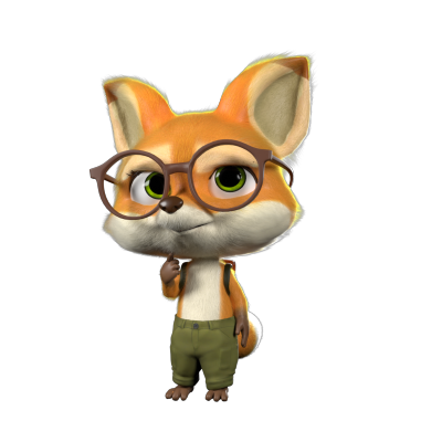 Ein niedlicher, cartoonartiger Fuchs mit großen, runden Brillen steht nachdenklich da. Er hat ein orangefarbenes Fell, große, ausdrucksvolle Augen und trägt ein einfaches Outfit.