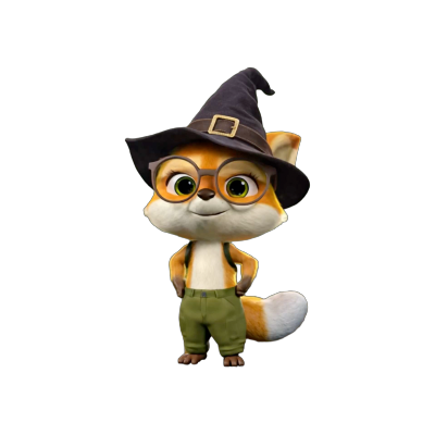 Ein fuchsähnlicher, animierter Charakter mit einer orange-weißen Fellfarbe. Er trägt eine große Brille, einen Hut und hat einen fröhlichen Gesichtsausdruck.