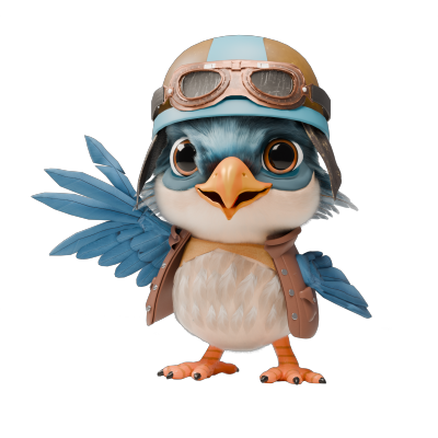 Ein niedlicher, cartoonartiger Vogel steht aufrecht und trägt einen braunen Fluganzug sowie eine blaue Fliegerbrille. Seine großen Augen strahlen Neugier aus, während seine Flügel leicht angehoben sind.