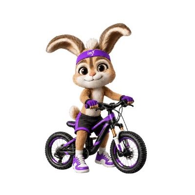 Ein niedlicher, anthropomorpher Hase mit großen Ohren und einem sportlichen Outfit fährt auf einem BMX-Fahrrad. Er trägt ein Stirnband und lächelt fröhlich in die Kamera.