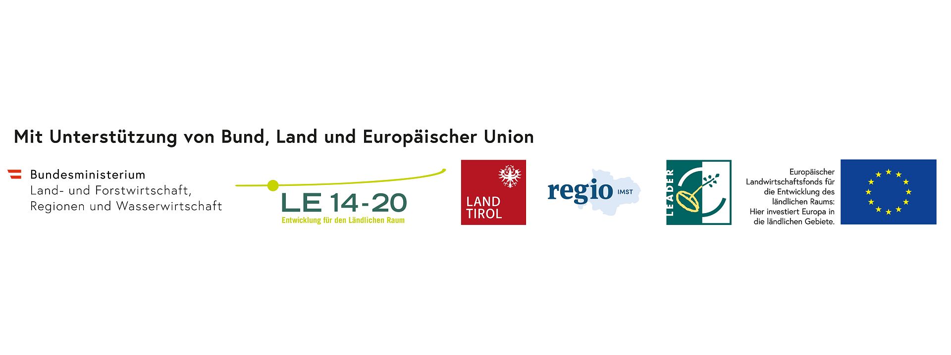 Das Bild zeigt Logos von verschiedenen Organisationen. Darunter befindet sich das Logo der Europäischen Union, das Logo von "Land Tirol" und das Wort "regio" in einer modernen Schrift.