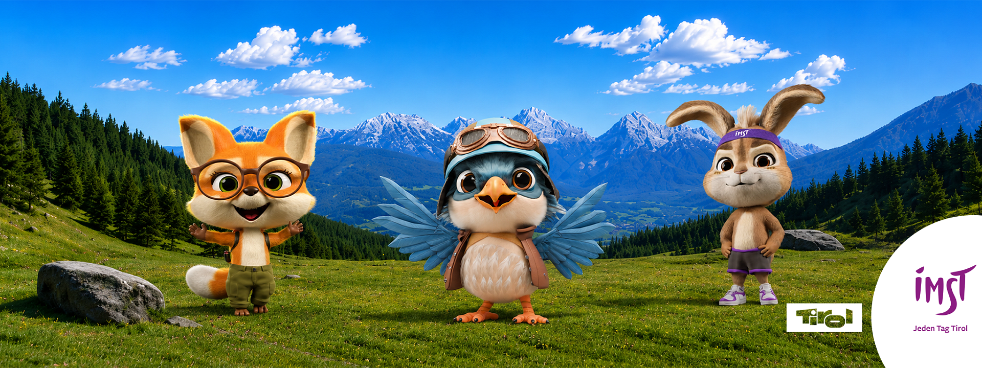 Drei niedliche, cartoonartige Tiercharaktere stehen in einer grünen Wiese vor einer beeindruckenden Berglandschaft. Sie lächeln und wirken freundlich und abenteuerlustig.