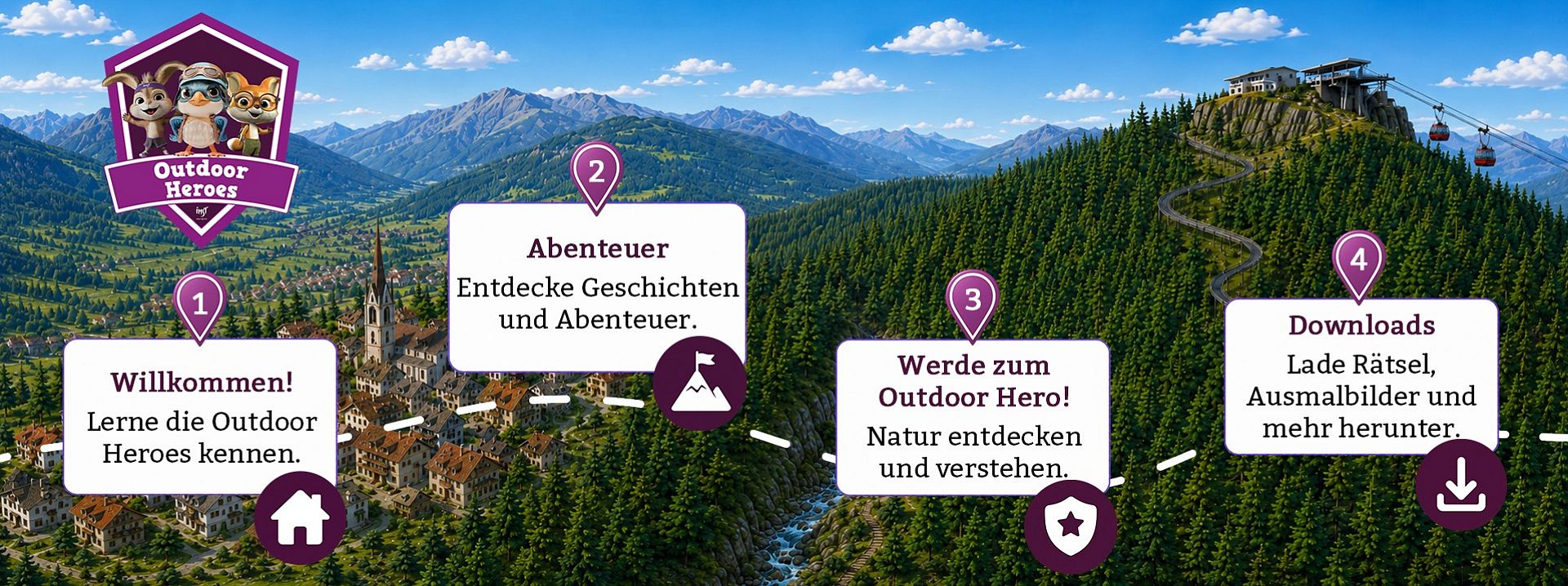 Eine farbenfrohe Illustration zeigt eine Karte mit verschiedenen Stationen für Outdoor-Abenteuer. Symbole deuten auf Erlebnisse und Erkundung der Natur hin, mit einem Berg im Hintergrund.