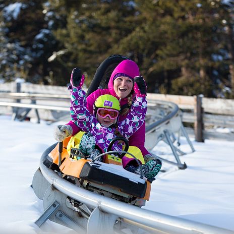On this foto you can see an mom with her child in winter, sitting on the alpine coaster on their way down.