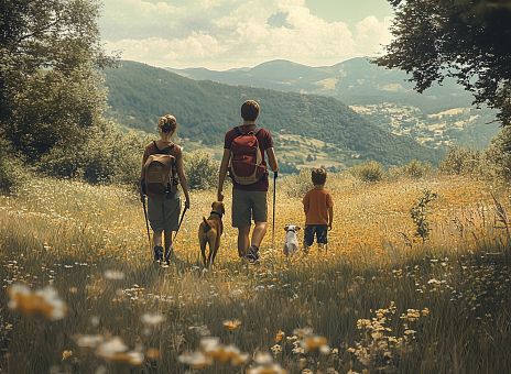Eine Familie wandert auf einem sonnigen Weg durch eine blühende Wiese, umgeben von grünen Hügeln. Zwei Hunde begleiten sie, und ein Kind geht fröhlich vor.