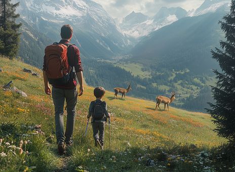 Ein Erwachsener und ein Kind stehen auf einer blühenden Wiese und betrachten majestätische Berge im Hintergrund. Im Vordergrund grasen einige Tiere in der Natur.