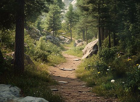 Ein malerischer Waldweg schlängelt sich durch hohe Bäume. Auf beiden Seiten blühen bunte Blumen, und große Felsen sind in das grüne Umfeld eingebettet. Der Himmel ist klar.