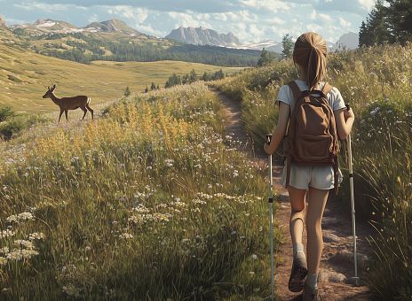 Eine Wandererin mit Rucksack geht einen schmalen Pfad entlang, umgeben von blühenden Wiesen und Bergen im Hintergrund. Ein Reh steht in der Nähe und beobachtet sie.