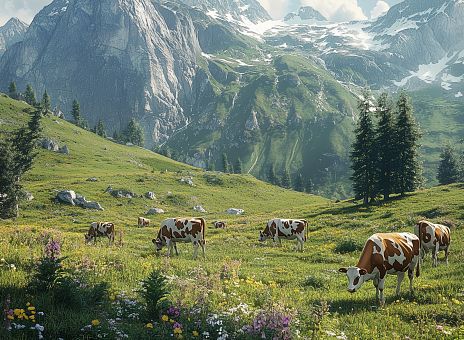 Eine friedliche Almlandschaft mit mehreren Kühen, die auf einer grünen Wiese grasen. Im Hintergrund erheben sich majestätische Berge, umgeben von schneebedeckten Gipfeln und Bäumen.