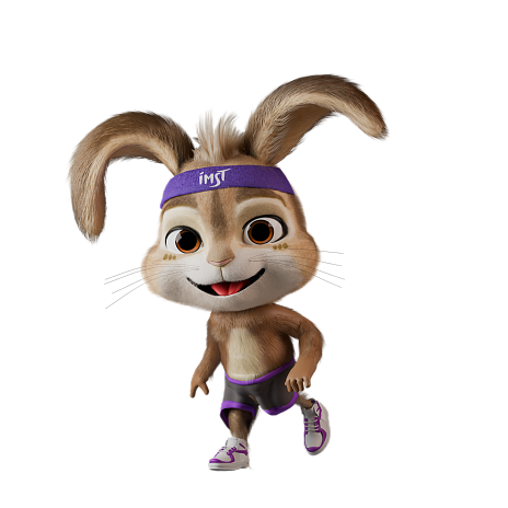 Ein niedlicher, animierter Hase mit großen Ohren und einem breiten Lächeln trägt ein lila Sportband und eine sportliche Shorts. Er wirkt aktiv und fröhlich beim Laufen.