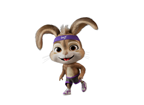 Ein niedlicher, animierter Hase mit großen Ohren und einem breiten Lächeln trägt ein lila Sportband und eine sportliche Shorts. Er wirkt aktiv und fröhlich beim Laufen.
