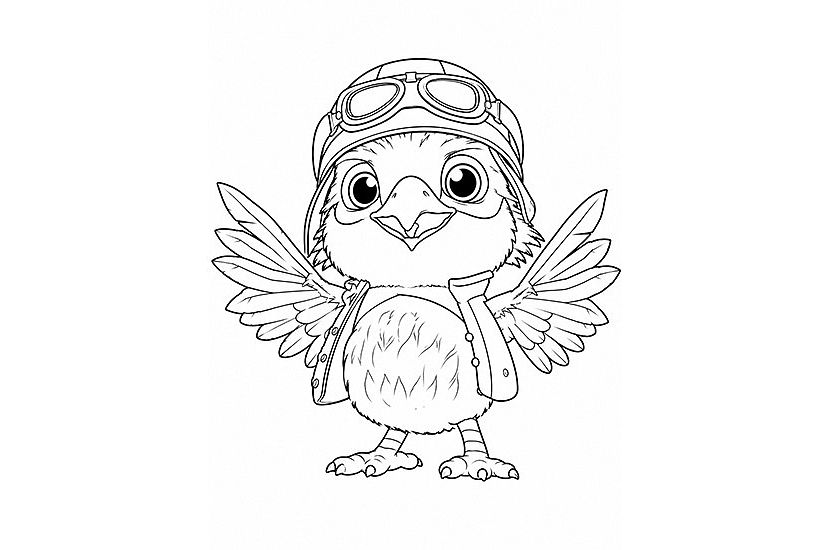 Ein niedlicher Cartoon-Vogel mit großen Augen, trägt eine Fliegerbrille und ein Hemd. Die Flügel sind ausgebreitet, bereit zum Fliegen.