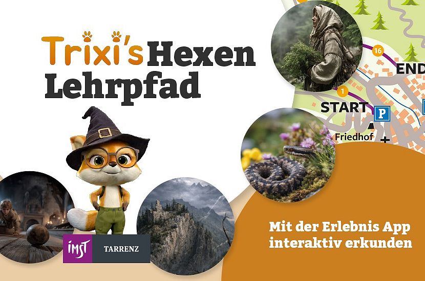 Das Bild zeigt eine Werbung für den Hexen Lehrpfad in Tarenz. Ein Charakter, ein niedlicher Fuchs mit Hexenhut, ist abgebildet, umgeben von einer Karte.