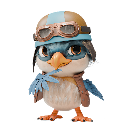 Ein niedlicher, cartoonartiger Vogel steht aufrecht und trägt eine fliegermäßige Kopfbedeckung mit einer Brille. Der Vogel hat blaue Federn und einen neugierigen Ausdruck.