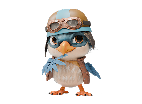 Ein niedlicher, cartoonartiger Vogel steht aufrecht und trägt eine fliegermäßige Kopfbedeckung mit einer Brille. Der Vogel hat blaue Federn und einen neugierigen Ausdruck.